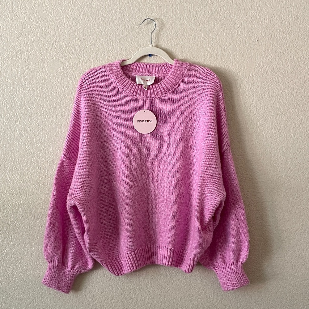 Pink Rose Chunky Oversized Sweater Balloon Sleeves Wide Coquette Pink Girly